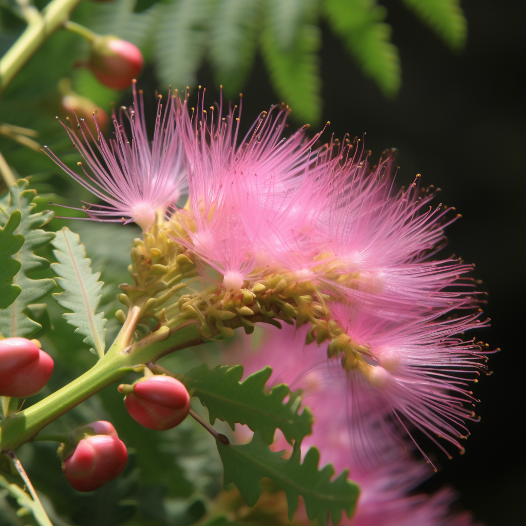 Image of Albizzia Flower (He Huan Hua) highlighting its neuroprotective effects, learning and memory enhancement, anti-depressant and anti-obesity activities; polyphenolics exhibit antioxidant actions counteracting oxidative damage.