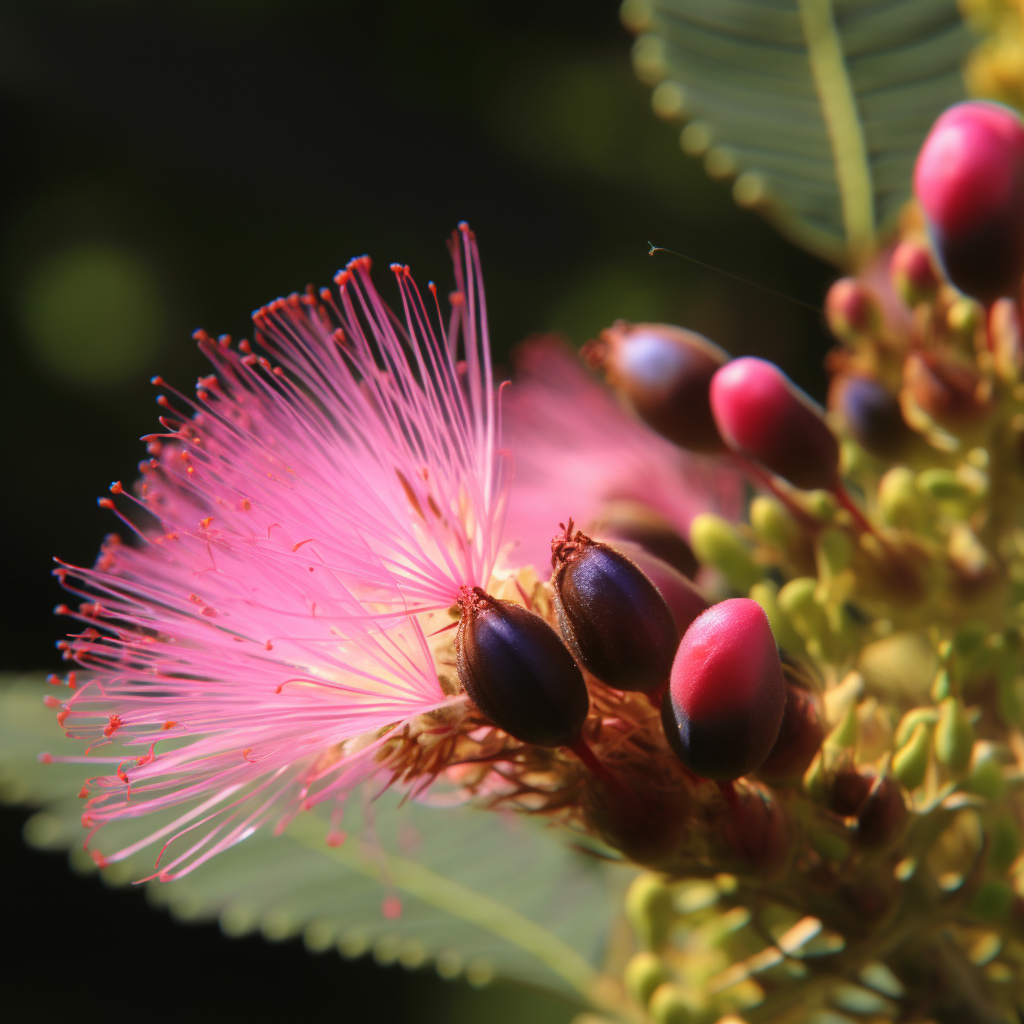 Image of Albizzia Julibrissin (He Huan Pi) showcasing its anti-tumor, antioxidant, anti-depressant, anxiolytic, anti-inflammatory effects, and ability to invigorate blood circulation and reduce anxiety.
