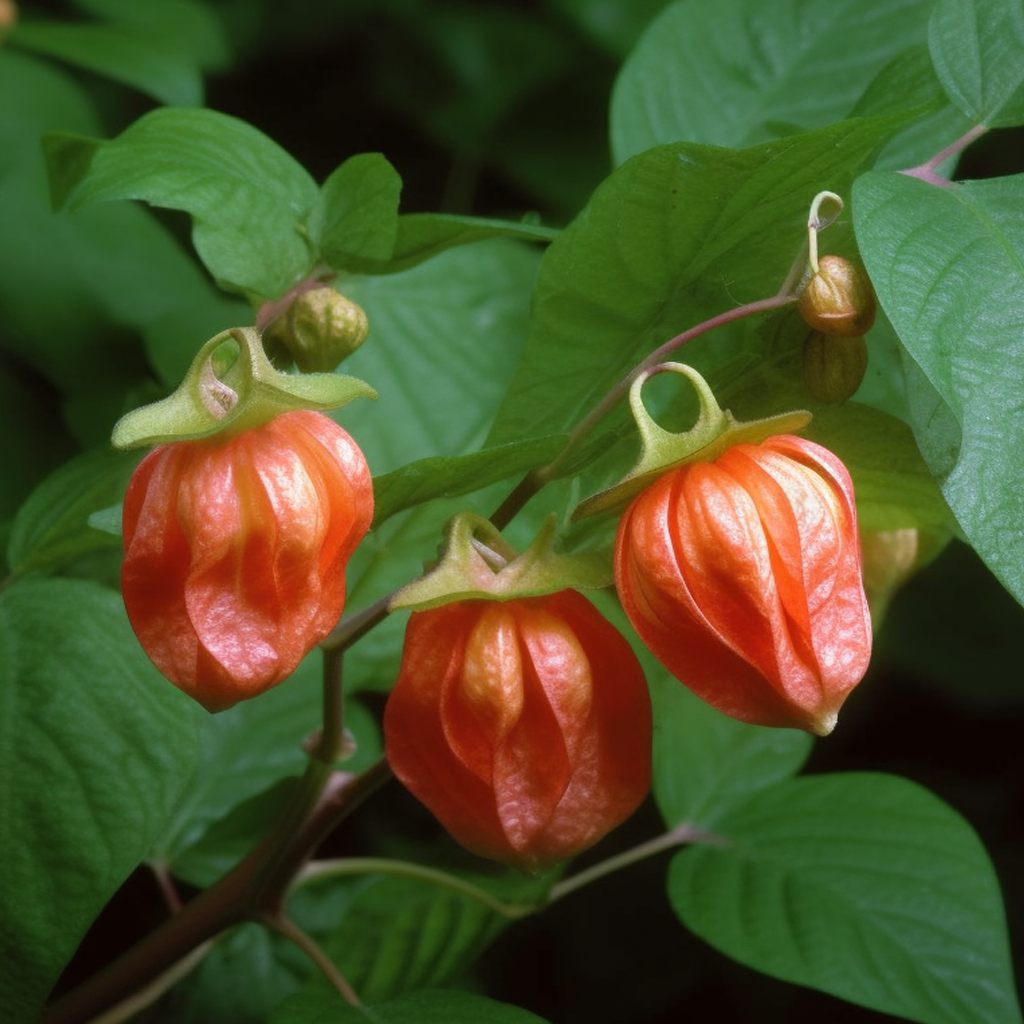 Image of Ashwagandha (Withania somnifera) plant showing fruit and leaves, highlighting benefits: antistress, antioxidant, anti-inflammatory, immune support, cognitive enhancement, neuroprotective, rejuvenating effects.