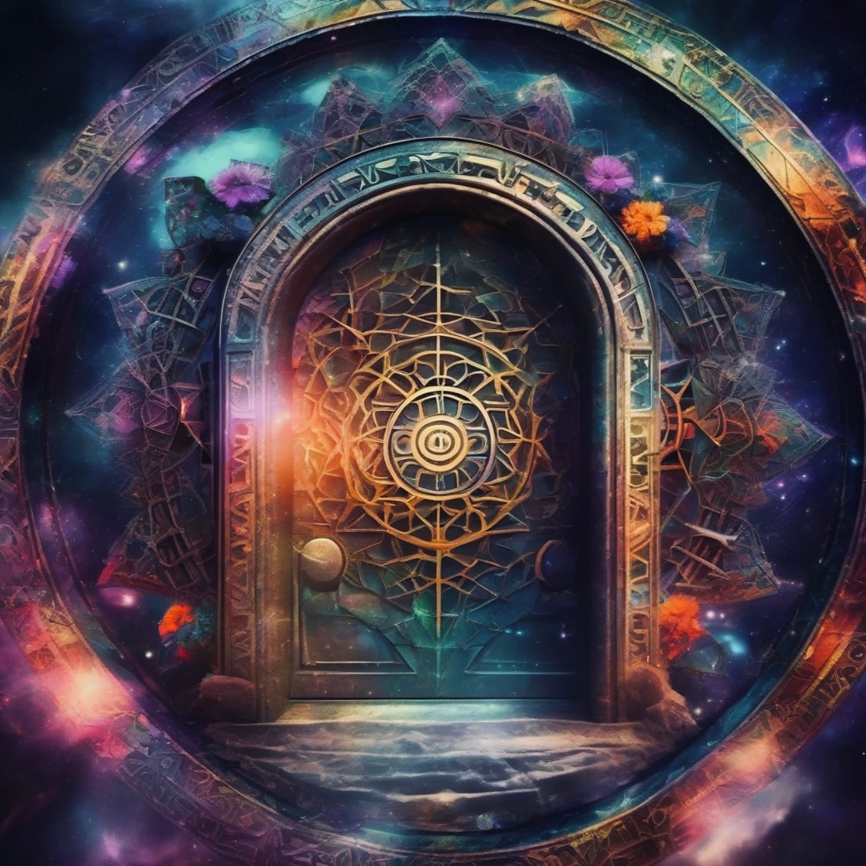 Secret Blends packaging of Mystical door in cosmic landscape